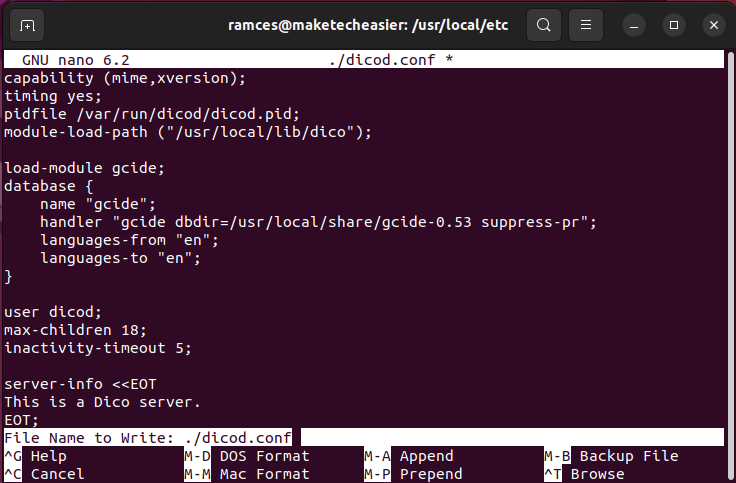 A terminal window showing a basic GNU Dico configuration file.