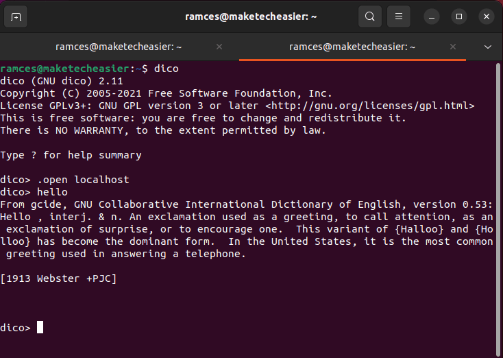 A terminal window showing a sample definition from the local GNU Dico instance.