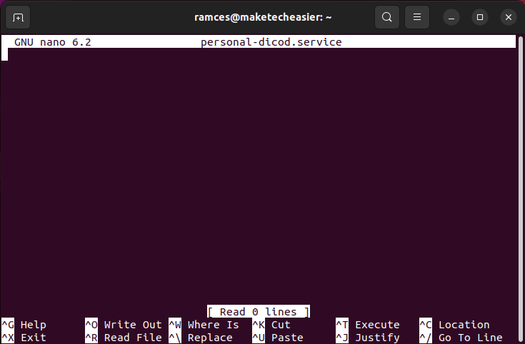 A terminal window showing an empty service file.