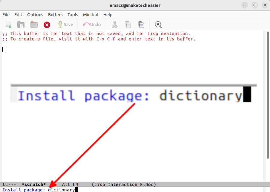 An Emacs window showing the dictionary.el package install.