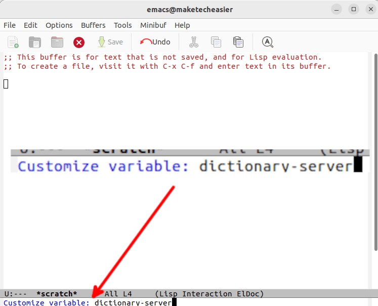 An Emacs window showing how to customize the dictionary-server variable.