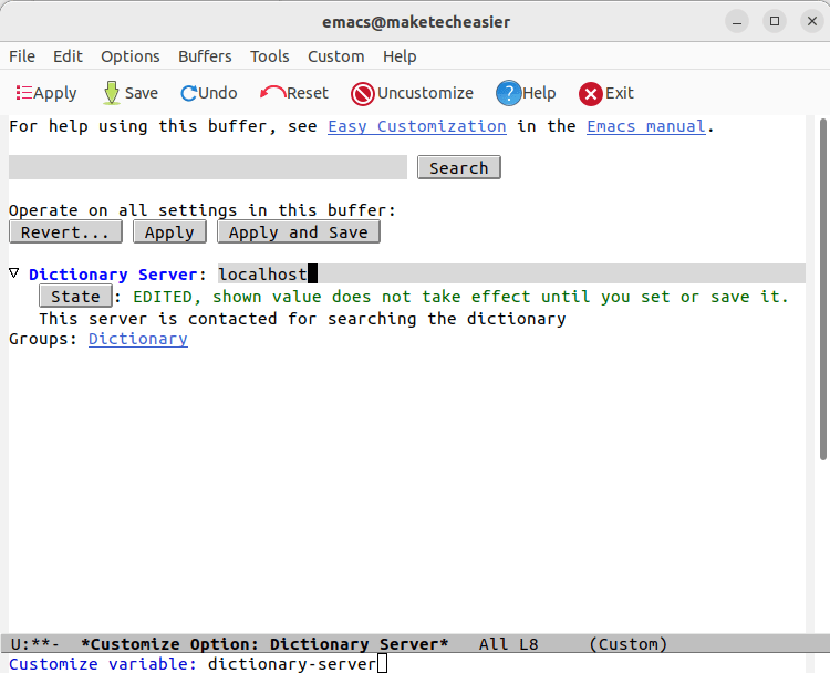 An Emacs window showing the new localhost variable for dictionary.el.