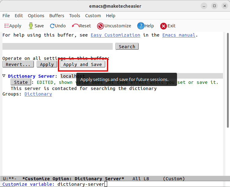 An Emacs window showing the "Apply and Save" button and comitting the new setting.