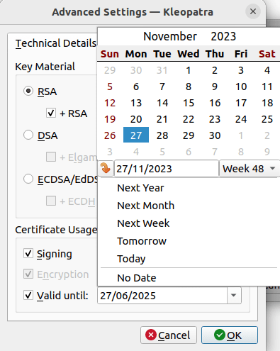 A screenshot showing the modified date value for the GPG key expiry.