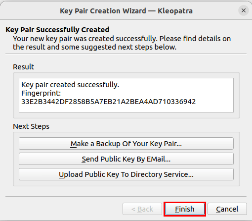 A screenshot showing the finalized details of the new GPG key.