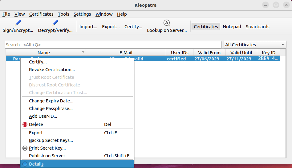 A screenshot showing the "Details" prompt in GNU Kleopatra.