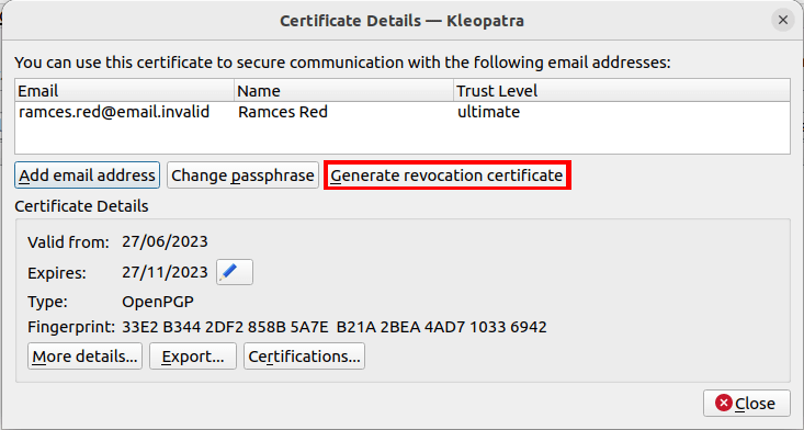 A screenshot highlighting the revocation certificate option in GNU Kleopatra.