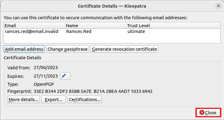 A screenshot showing the highlighted "Close" button for the revocation certificate prompt.
