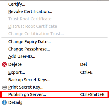 A screenshot showing the "Publish on Server..." prompt for GNU Kleopatra.