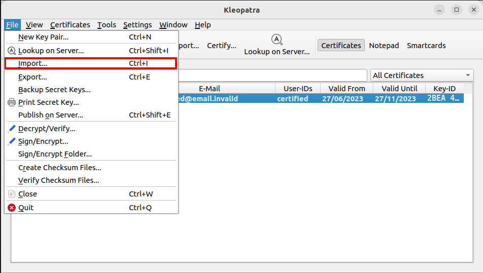 A screenshot showing the "Import" option for GNU Kleopatra.
