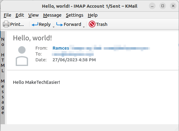 A screenshot showing the KMail program reading an email.