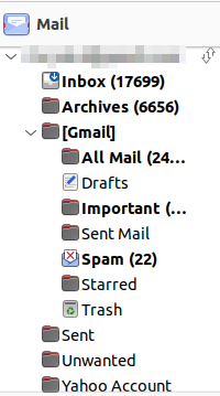 A screenshot of a GMail mail directory in an offline client.