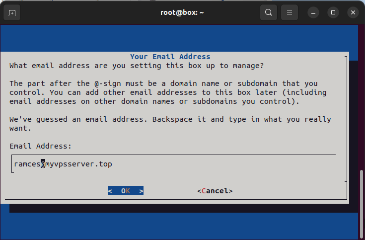 A terminal window showing the installer script asking for the first email address.