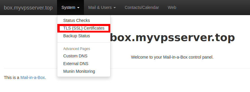 A screenshot showing the SSL certificates menu in the email server.