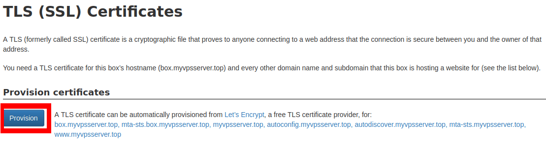 A screenshot showing the various SSL options for the email server.