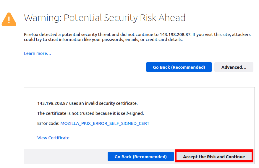 A screenshot showing the self-signed certificate error in Firefox.