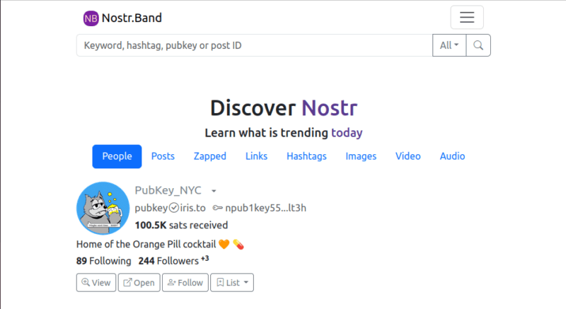A screenshot of the landing page for Nostr.Band.