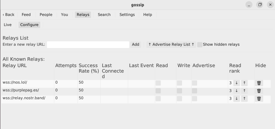 A screenshot showing a list of newly added relays to Gossip.
