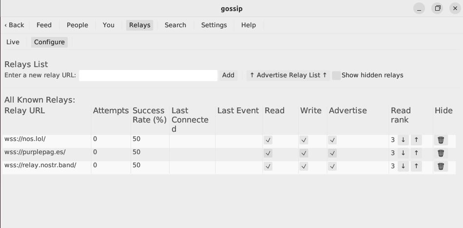 A screenshot of multiple relays being enabled on the Gossip client.