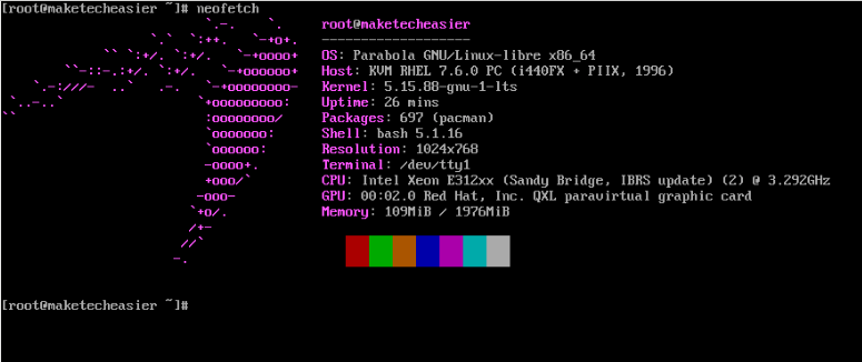 A console output showing the Parabola Linux specifications.