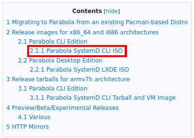 A screenshot of the Parabola download page with a highlight on the CLI ISO.
