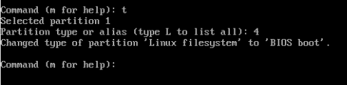 A screenshot of fdisk changing the type of the first partition.