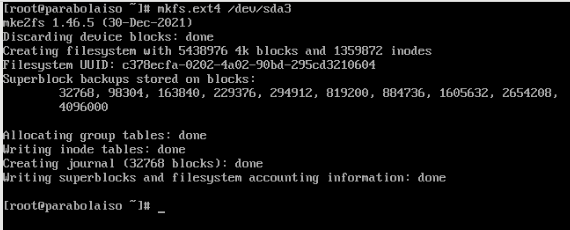 A screenshot of the ext4 installation on the root partition.
