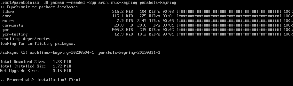 A screenshot that shows the Parabola GPG key update process.