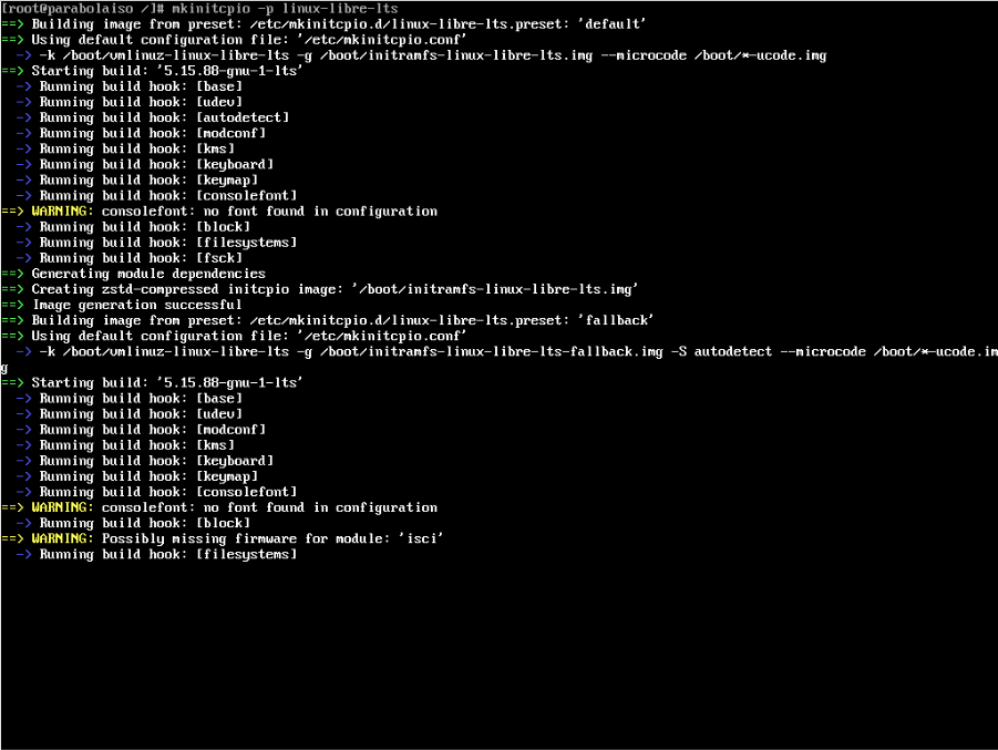 A screenshot showing the initramfs installation process.