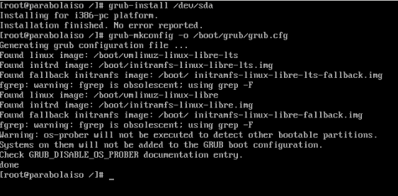 A screenshot showing the GRUB bootloader installation process.