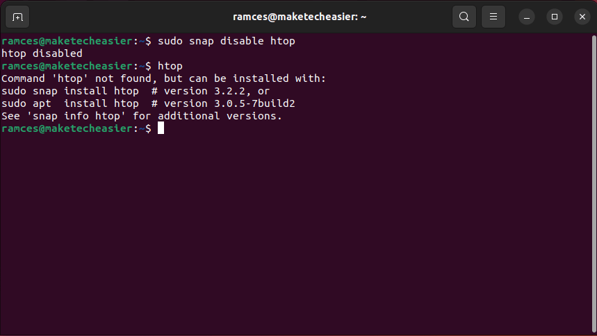 A terminal window showing the htop snap disabled.