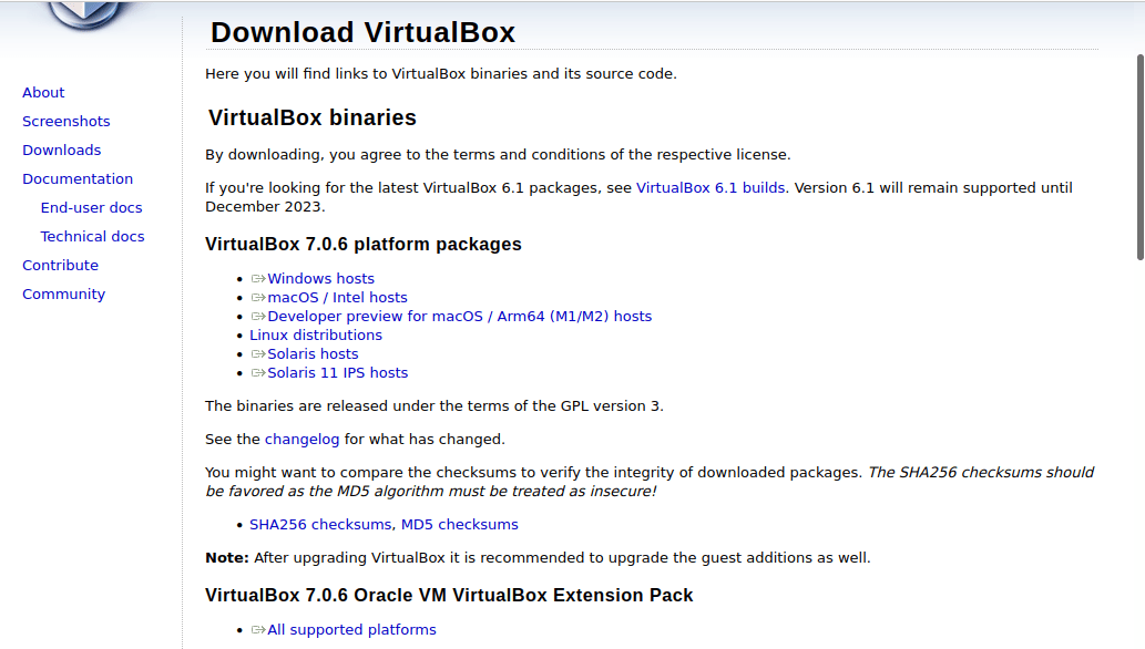 A screenshot of the VirtualBox website's download page.