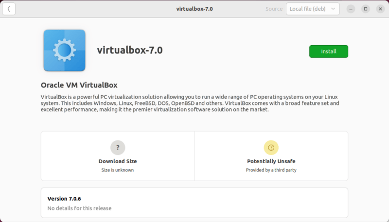 A screenshot of the VirtualBox deb package's installation page.