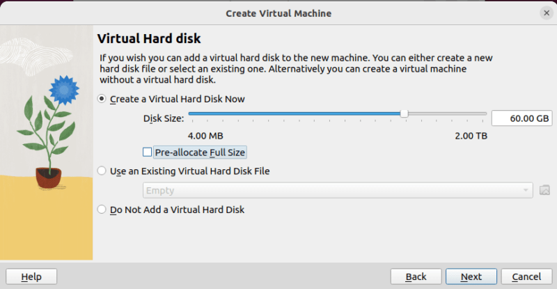 A screenshot showing the disk setup window in VirtualBox.
