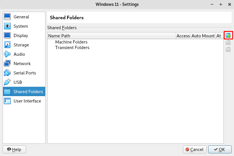 A screenshot showing the Shared Folders window in VirtualBox.