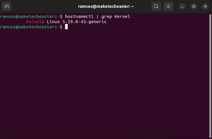A terminal showing the output of hostnamectl being filtered through grep to get the current Linux kernel version.