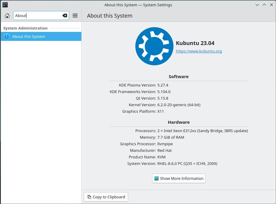 A screenshot of the KDE Plasma settings window showing the system details of the machine.