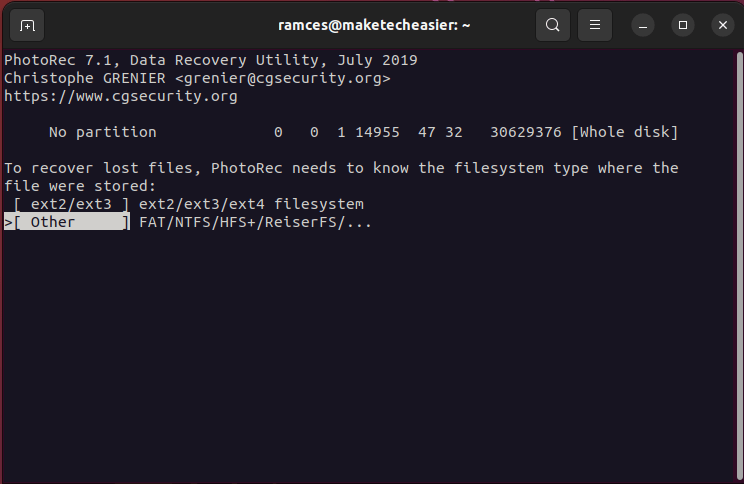 A screenshot showing the available filesystems for Photorec.