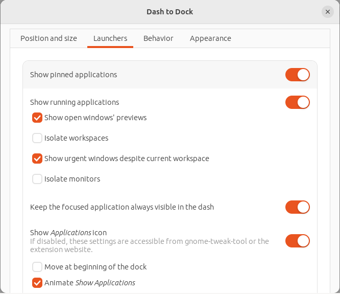 A window showing the available options for Dash to Dock.