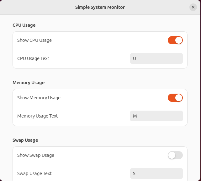 A screenshot of the Simple System Monitor's settings window.