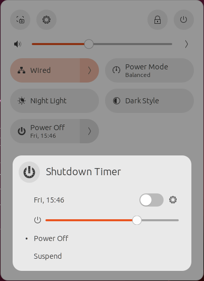 A screenshot of the custom Shutdown Timer power menu.