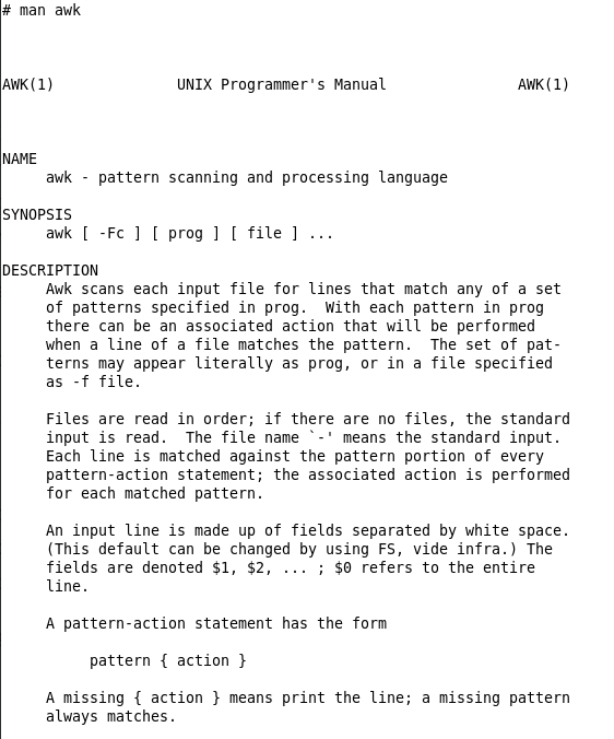 A screenshot of the 7th Edition Research Unix's awk man page.