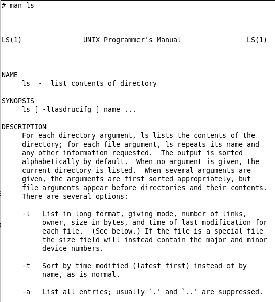 A screenshot of the 7th Edition Research UNIX's ls man page.