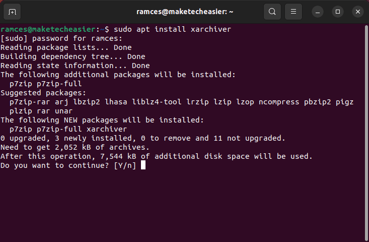 A terminal showing the installation process for Xarchiver.
