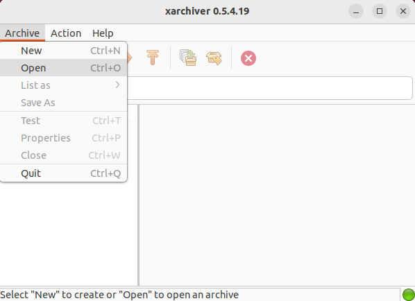 A screenshot showing the "Open" button on Xarchiver.
