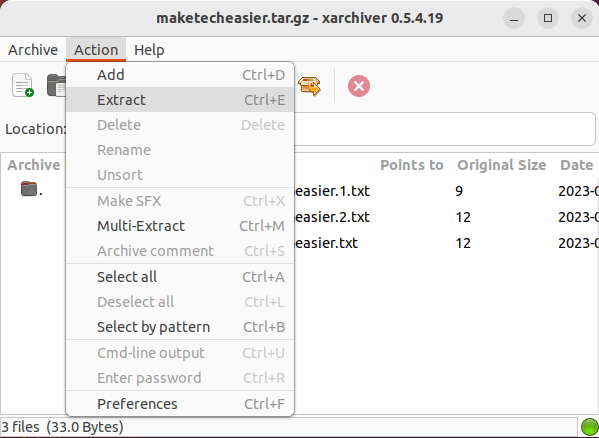 A screenshot showing the "Extract" option in Xarchiver.
