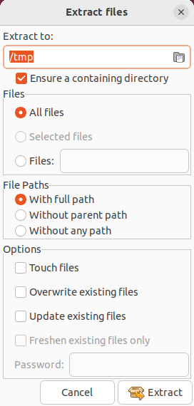 A screenshot of Xarchiver's "Extract Files" window.