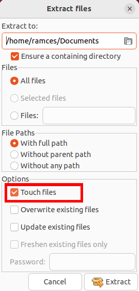 A screenshot highlighting the "Touch files" option on Xarchiver's "Extract files" window.