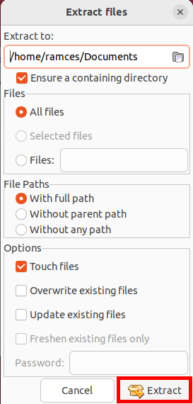 A screenshot highlighting the "Extract" button on Xarchiver's "Extract files" window.