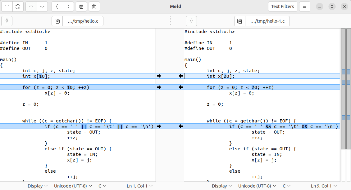 A screenshot of the Meld program with a simple two file comparison view.